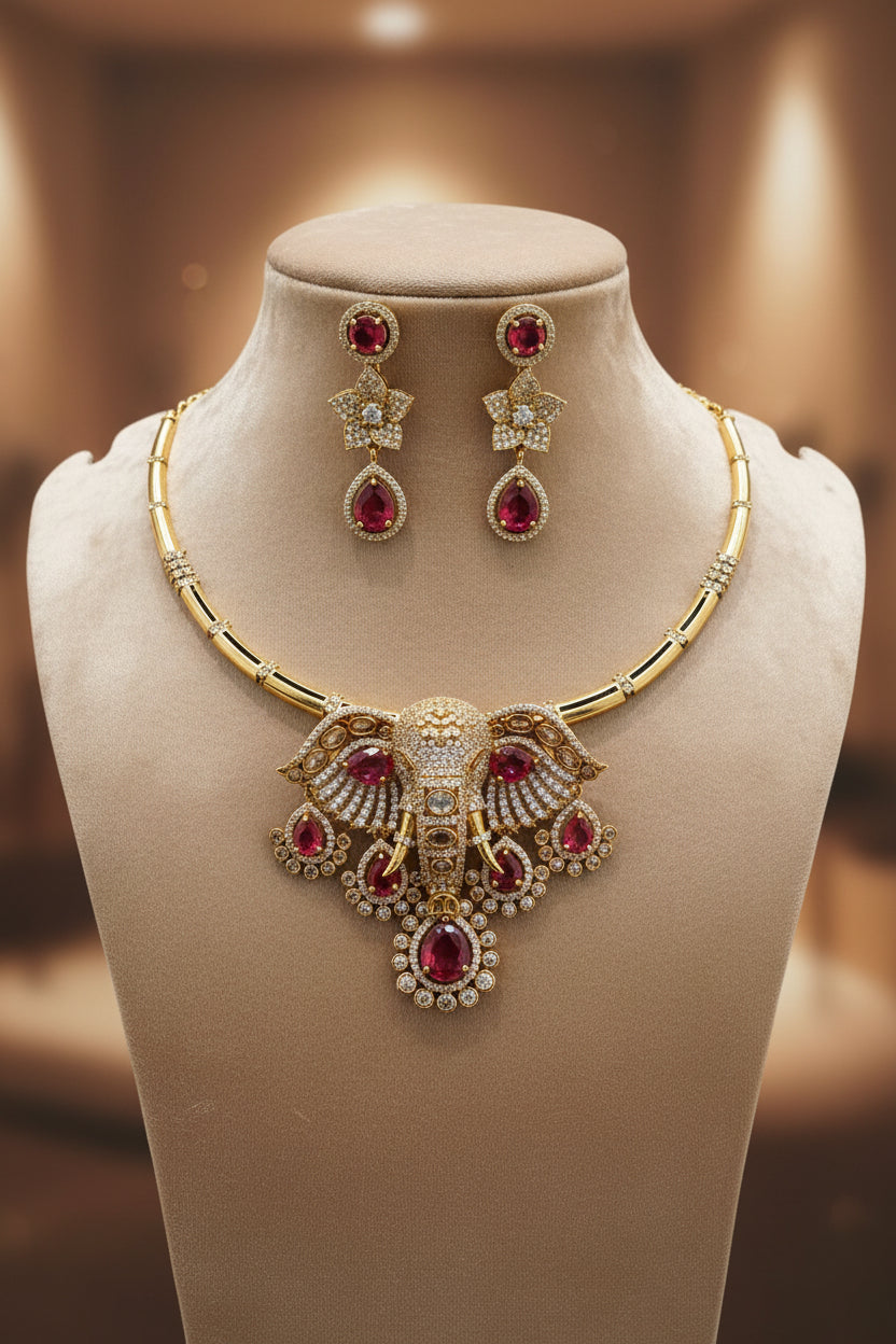 Victorian Antique Elephant Hasli & Earring Set – Heritage Polki & Moissanite Collection in Emerald, Royal Purple, and Rose Pink Accent