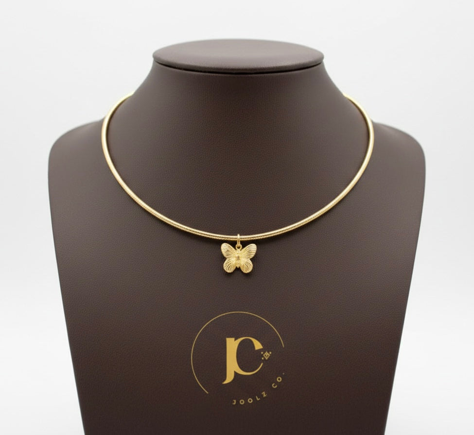 18K Gold Omega Hasli Necklace with Textured Butterfly Pendant