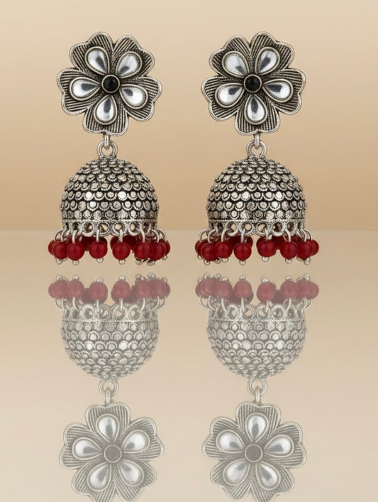 Vintage Oxidized Silver Floral Jhumkas – Timeless Heritage with Ruby-Red Beaded Accents