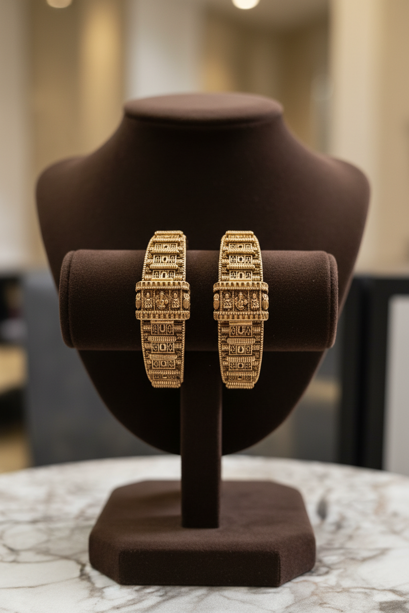 Divine Heritage: Ornate Lakshmi Goddess Antique Gold Bangle Set with Total Intricacy for Regal Elegance