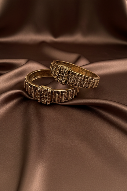 Divine Heritage: Ornate Lakshmi Goddess Antique Gold Bangle Set with Total Intricacy for Regal Elegance