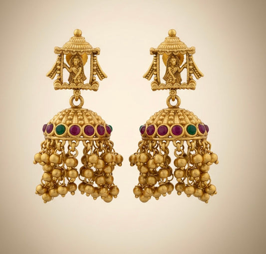 Heritage Bloom Antique Gold Jhumkas with Divine Palanquin Studs