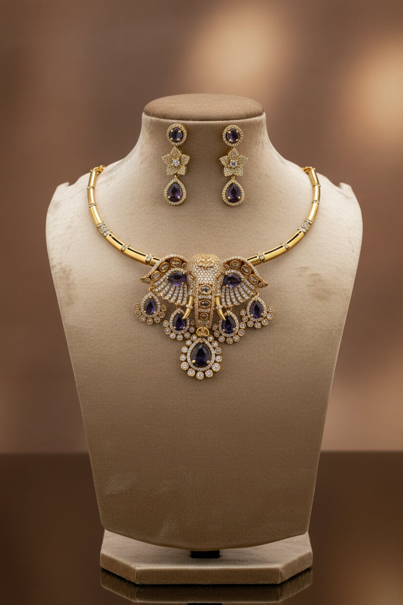 Victorian Antique Elephant Hasli & Earring Set – Heritage Polki & Moissanite Collection in Emerald, Royal Purple, and Rose Pink Accent