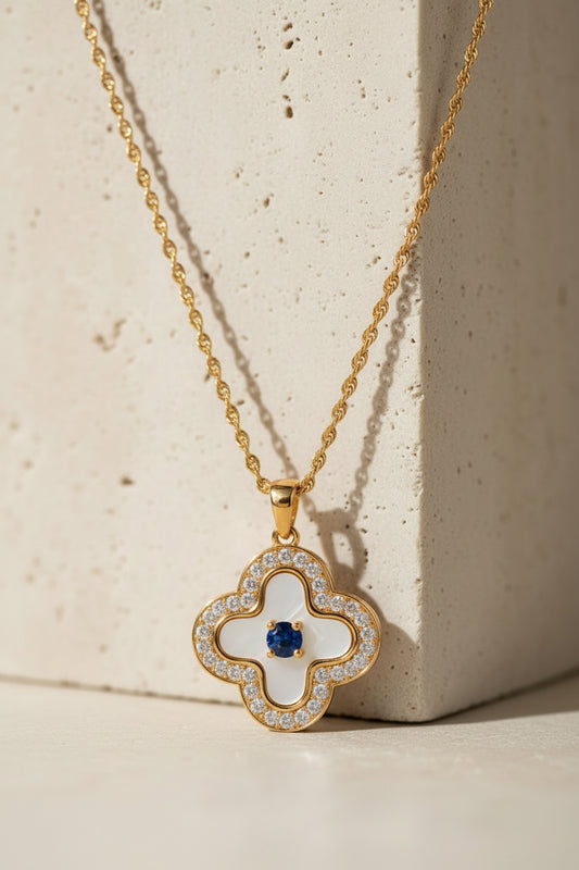 Gilded Amulet Clover: 18k Gold Anti-Tarnish Mother-of-Pearl & Crystal Evil Eye