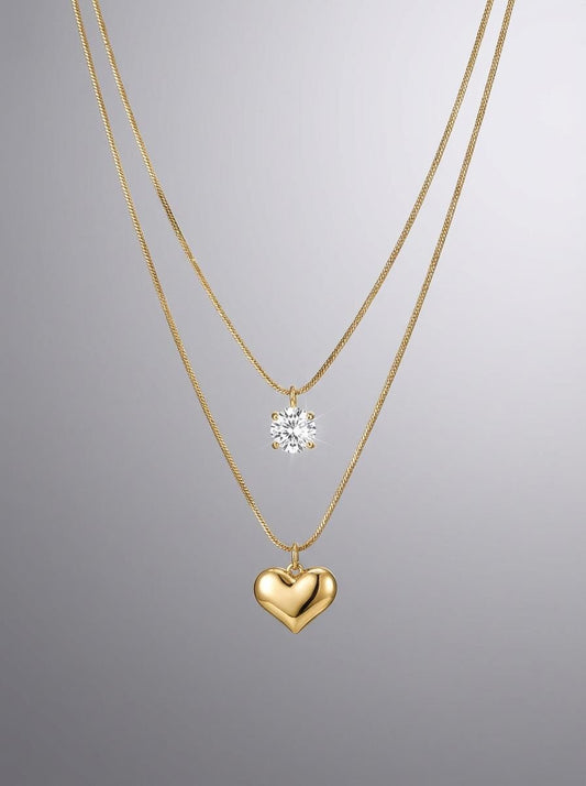 Timeless Radiance – 18k Gold Plated Dual-Layer Heart & Crystal Pendant Necklace