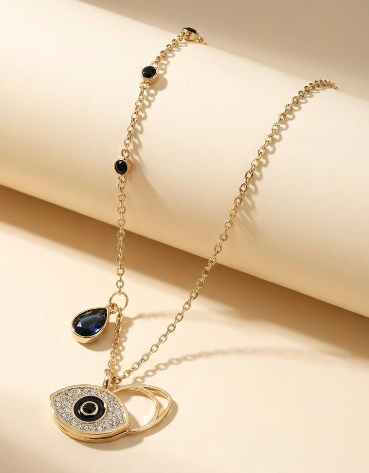 The Azure Guardian – 18k Gold Plated Triple Blue Stone & Symbolic Eye Necklace with Blue Teardrop CRYSTAL