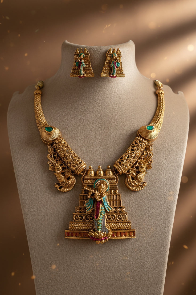 Divine Heritage: Antique Gold Temple Necklace Set with Hand-Painted Krishna Motif