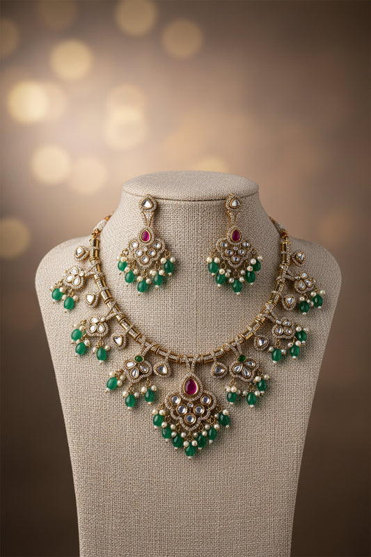 Victorian Ruby with white Polki stone & AD stone Necklace - mint green hanging beads with matching Earring