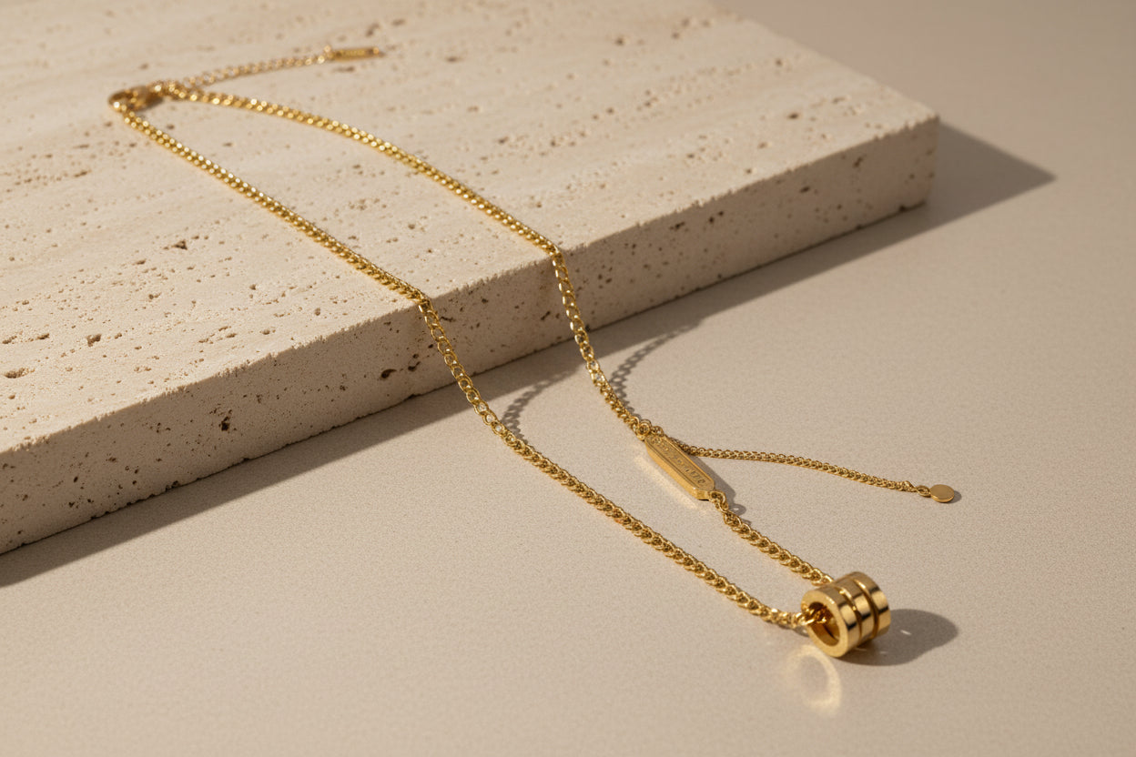 Bold Sculpted Barrel 18K Gold Plated Stainless Steel Necklace