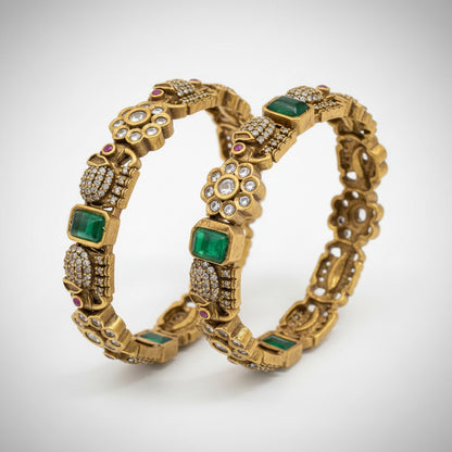 Royal Gaja Heritage: Victorian Antique Bangle with Moissanite Flora & Ruby-Eyed Elephants