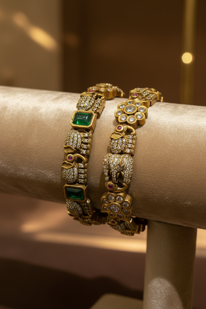 Royal Gaja Heritage: Victorian Antique Bangle with Moissanite Flora & Ruby-Eyed Elephants