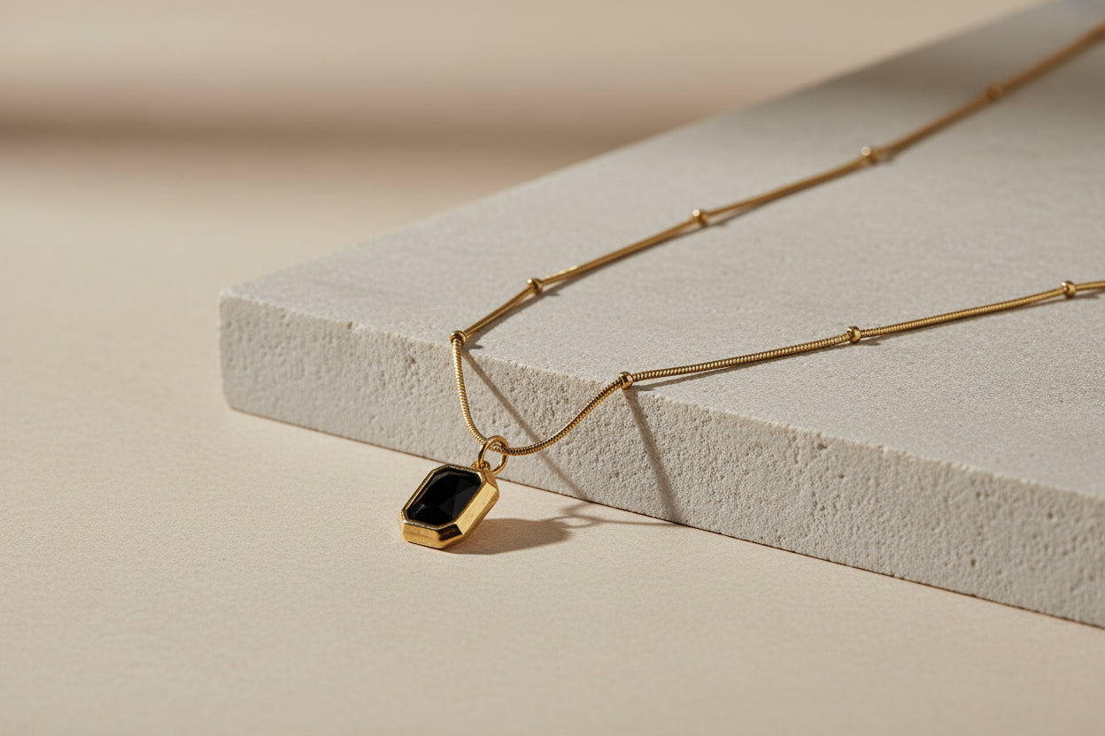 The Noir Emerald-Cut Medallion: 18k Gold Anti-Tarnish Necklace on Dainty Satellite Chain