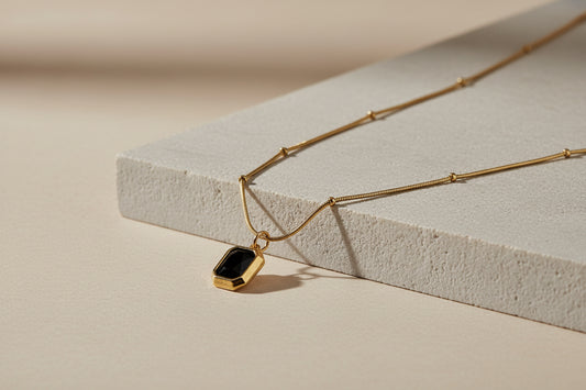 The Noir Emerald-Cut Medallion: 18k Gold Anti-Tarnish Necklace on Dainty Satellite Chain