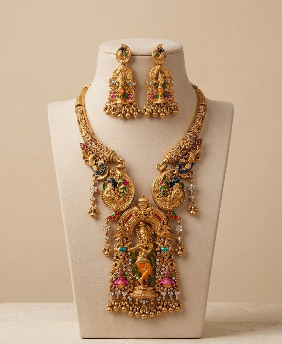 The Divine Krishna Temple Set [The Vrindavan Edit] Emerald-Green Beads & Antique Gold Finish