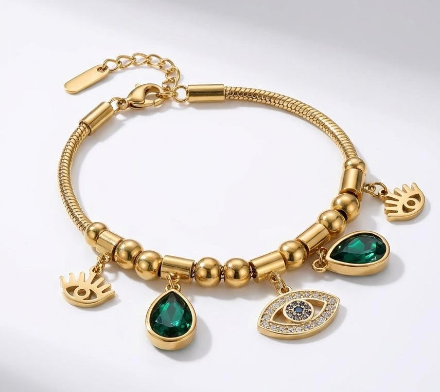 The Guardian Charm Bracelet – 18k Gold Plated Evil Eye & Emerald Droplet Bracelet