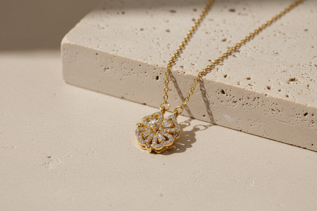 2-in-1 18K Gold Plated Transformative Magnetic Folding Clover & Calligraphy Pendant Necklace