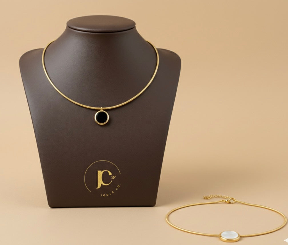 Reversible 2-in-1 Hasli Necklace: Black & White Dual-Sided Circular Pendant