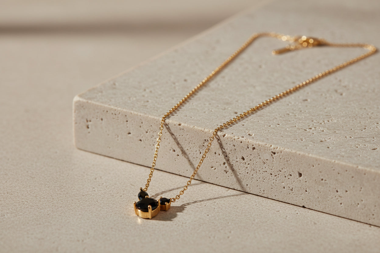The Trio Noir Silhouette: 18k Gold Anti-Tarnish Necklace with Midnight Crystal Inlay
