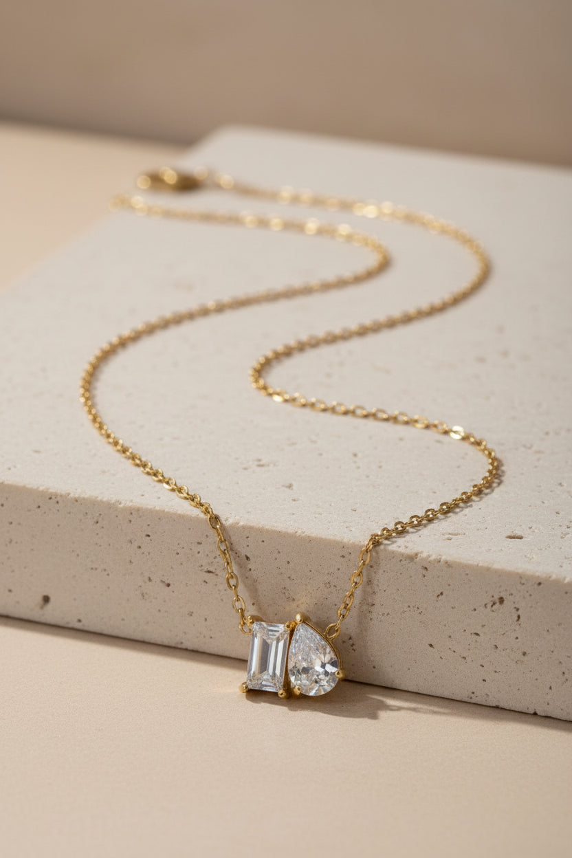 The Dainty Duo-Stone Radiant Necklace Collection -18k Gold Plated Stainless Steel