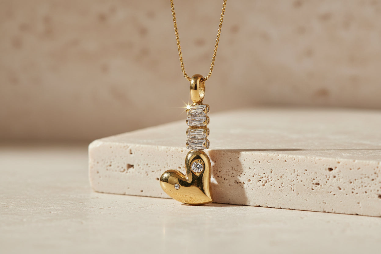 The Gilded Heart Pillar: 18k Gold Anti-Tarnish Necklace with Quad-Crystal Brilliance