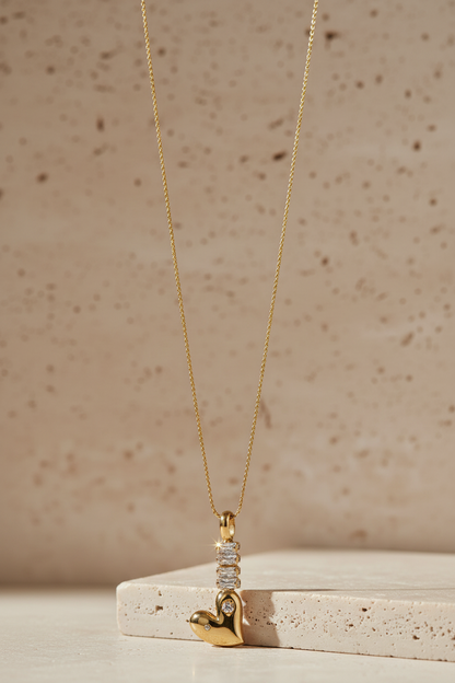 The Gilded Heart Pillar: 18k Gold Anti-Tarnish Necklace with Quad-Crystal Brilliance