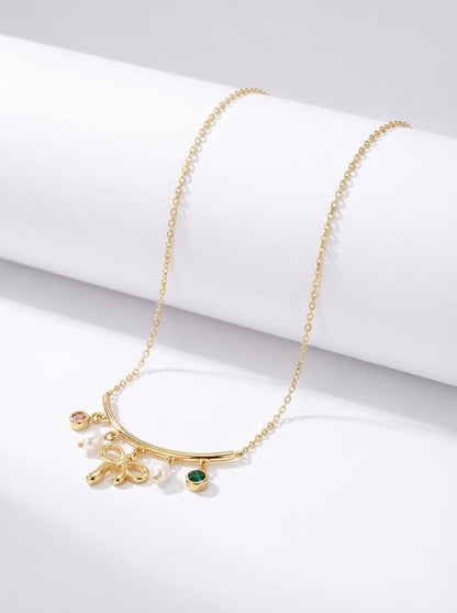 Whimsical Dainty Charm Necklace – Gold Bow, Pearl, & Gemstone Drop