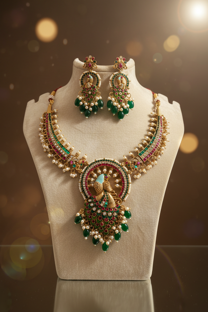 Majestic Peacock Heritage Set: Elevate Your Grandeur with Ornate Emerald and Ruby Accents
