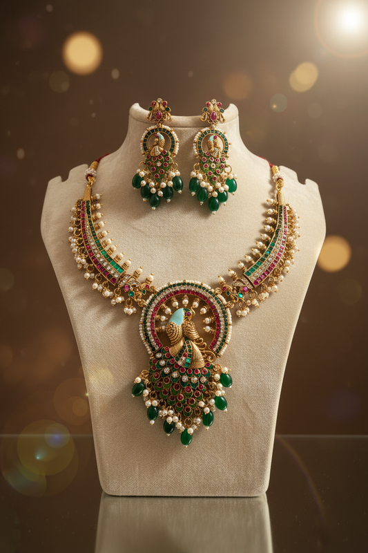 Majestic Peacock Heritage Set: Elevate Your Grandeur with Ornate Emerald and Ruby Accents
