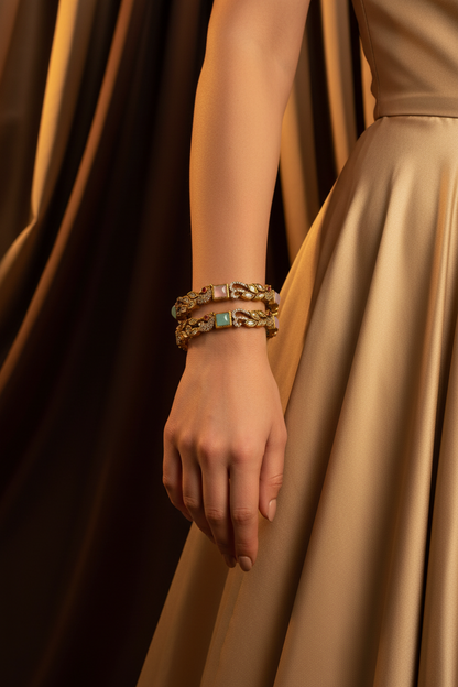 Victorian Heritage Peacock Bangle: Antique Moissanite with Pastel Flourishes