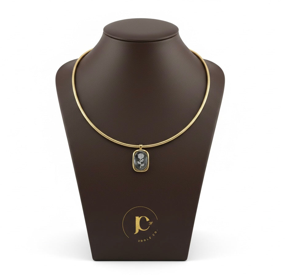 The "Midnight Rose" 18K Gold Plated Hasli – Silver Etched Floral Medallion Pendant