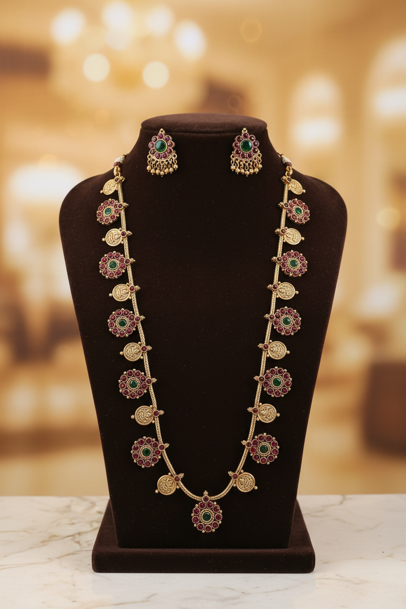 Antique Gold Mahalakshmi Kasu Haram with Intricate Kemp Floral Accents
