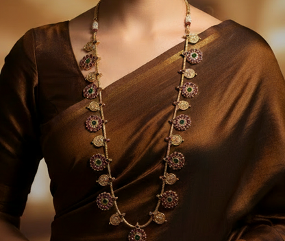 Antique Gold Mahalakshmi Kasu Haram with Intricate Kemp Floral Accents