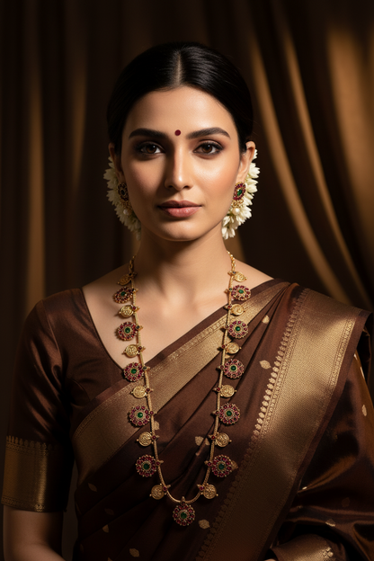Antique Gold Mahalakshmi Kasu Haram with Intricate Kemp Floral Accents
