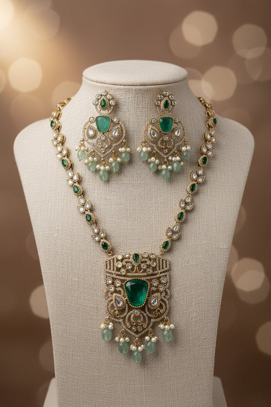 Victorian emerald Green with white Polki stone & AD stone Necklace - mint green hanging beads with matching Earring