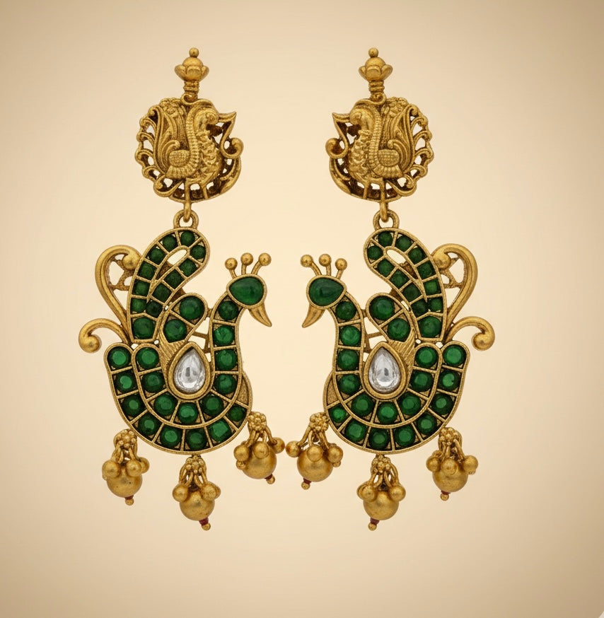Regal Majesty Antique Gold Peacock Earrings with Emerald Green Inlay