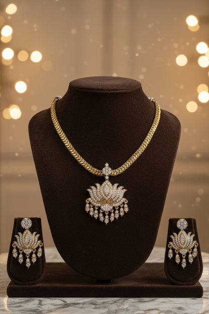 Heirloom Lotus Radiance: Antique-Finish Pendant with Flexible Heritage Chain Kamala Attigai with matching Earring Set.