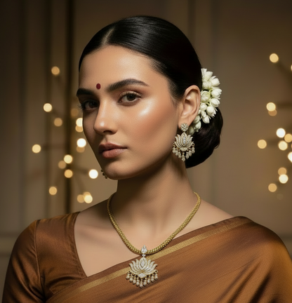 Heirloom Lotus Radiance: Antique-Finish Pendant with Flexible Heritage Chain Kamala Attigai with matching Earring Set.