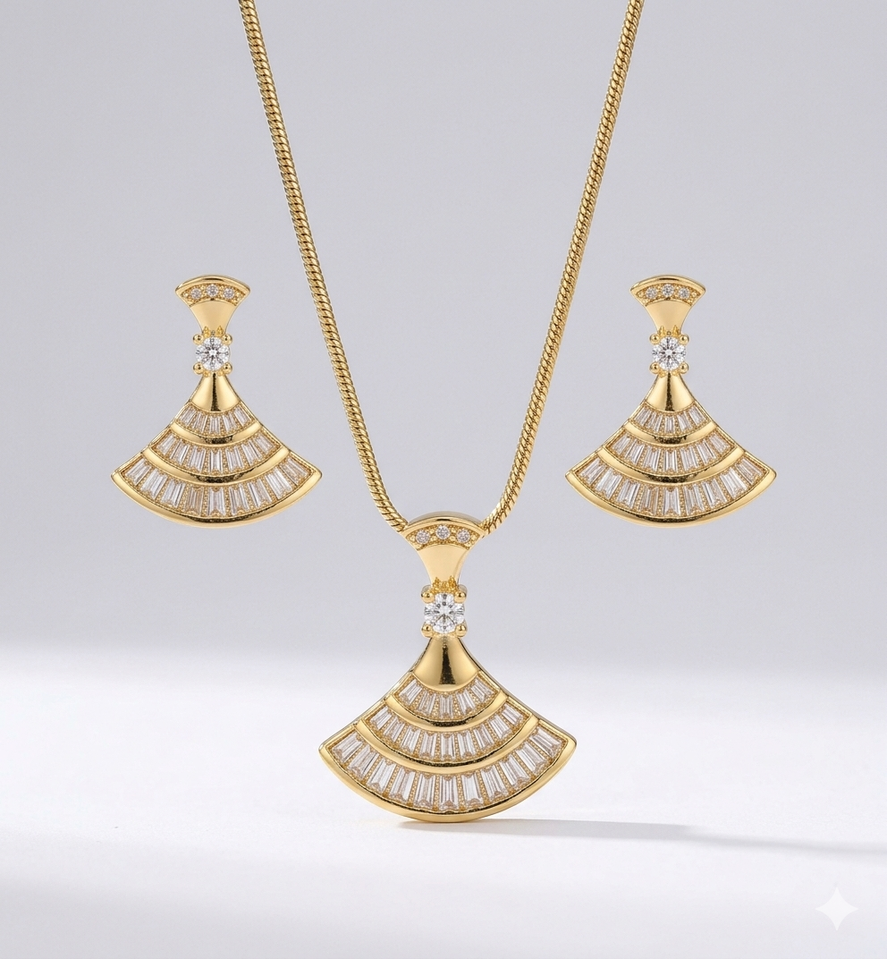Infinite Glow Fan Ensemble: Anti-Tarnish 18k Gold & Baguette Brilliance