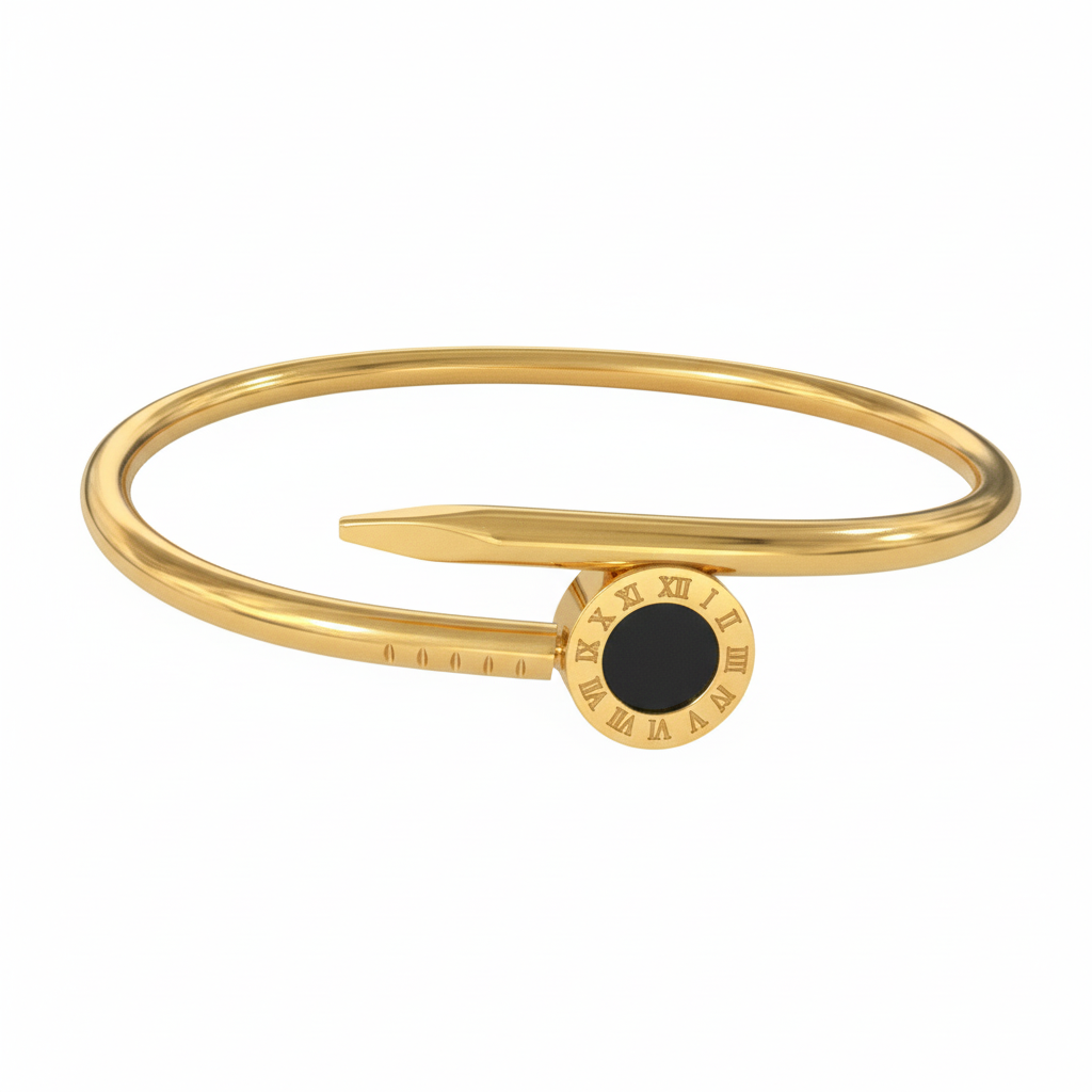 Tempus Fugit 18K Gold Plated Clockface Nail Cuff Bangle - An Intricate Take on Industrial Style