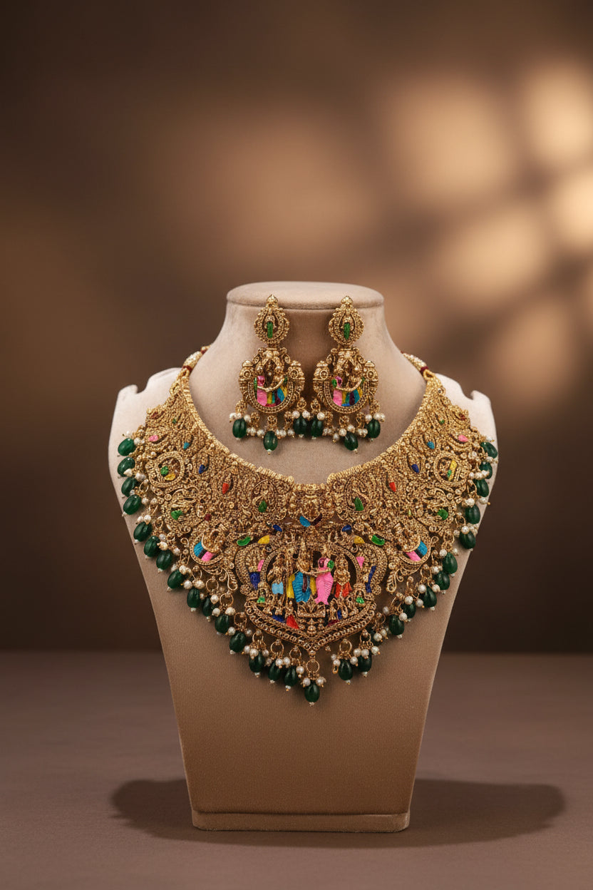 Royal Srinivasa Kalyanam Heritage Nakshi Choker – Antique Gold Bridal Neckpiece with Hand-Painted Meenakari