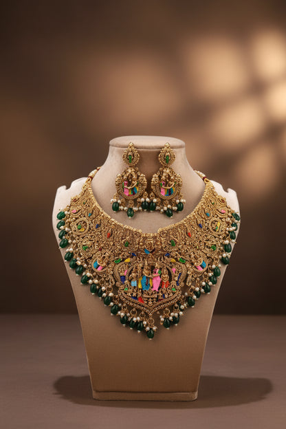 Royal Srinivasa Kalyanam Heritage Nakshi Choker – Antique Gold Bridal Neckpiece with Hand-Painted Meenakari