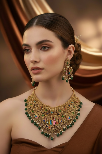 Royal Srinivasa Kalyanam Heritage Nakshi Choker – Antique Gold Bridal Neckpiece with Hand-Painted Meenakari
