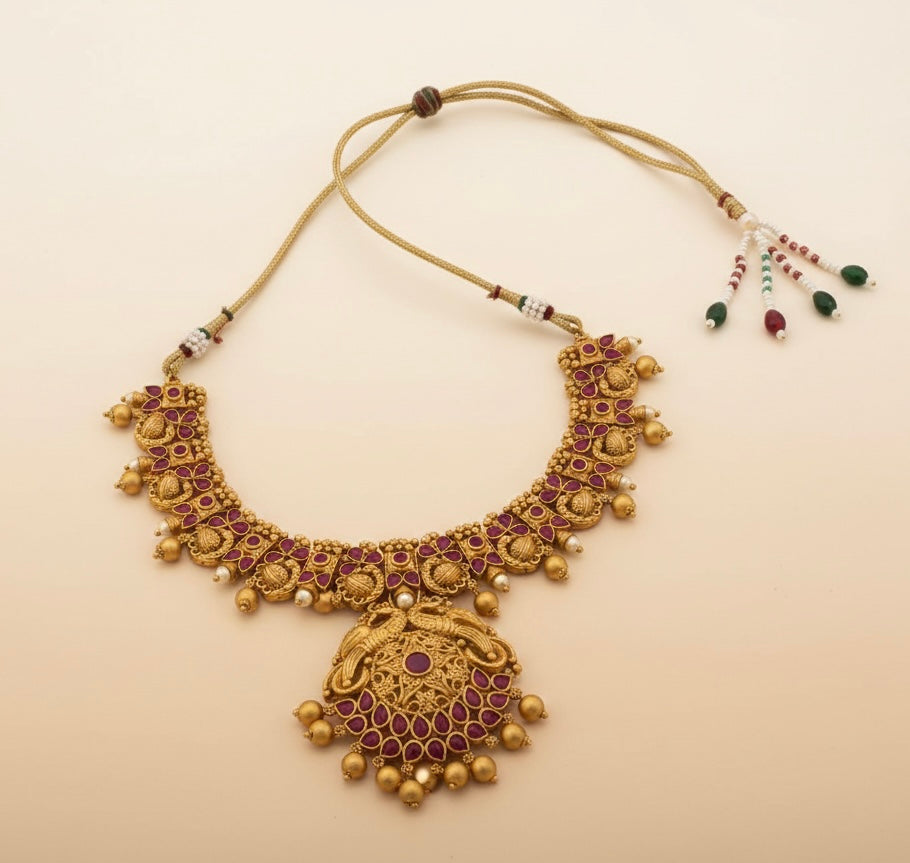 Antique Red Gold finish Peacock necklace : A Radiant Statement of Temple Artistry
