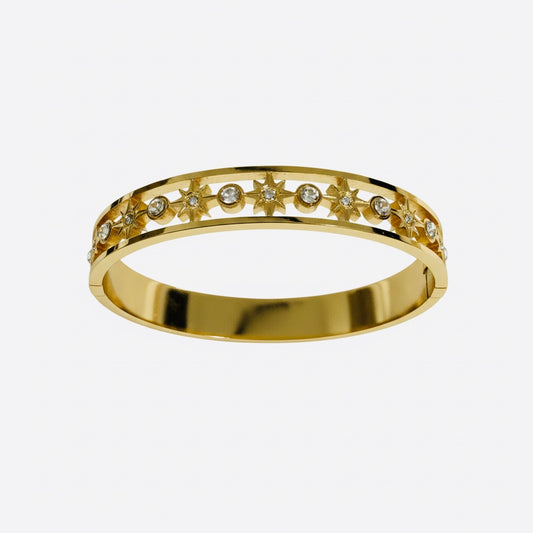 Celestial Starburst Gold Bangle – 18K Gold Plated Anti-Tarnish Stainless Steel Side-Open Bracelet