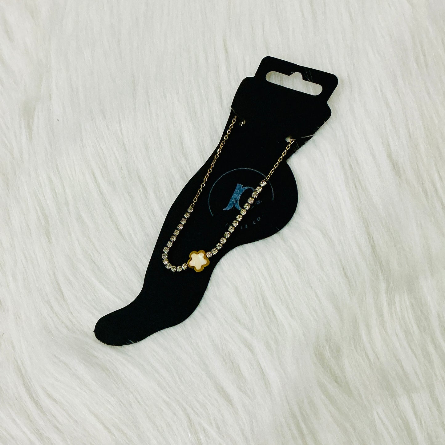 Joolz Co. 18k Gold Plated Tennis Clover Anklet – Crystal Pavé & Mother of Pearl Inlay