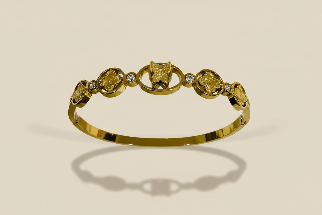 Enchanted Garden 18K Gold Plated Butterfly and Four-Leaf Clover Hinged Cuff Bangle - Symbol of Luck and Transformation