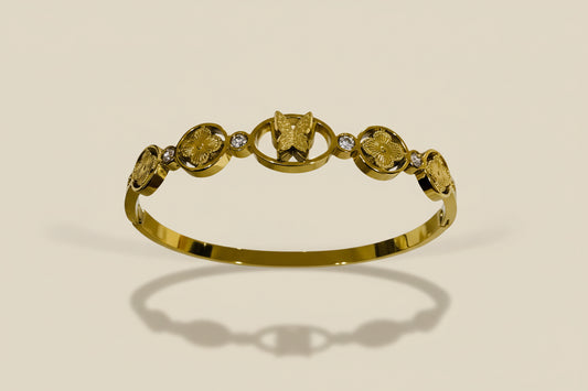 Enchanted Garden 18K Gold Plated Butterfly and Four-Leaf Clover Hinged Cuff Bangle - Symbol of Luck and Transformation