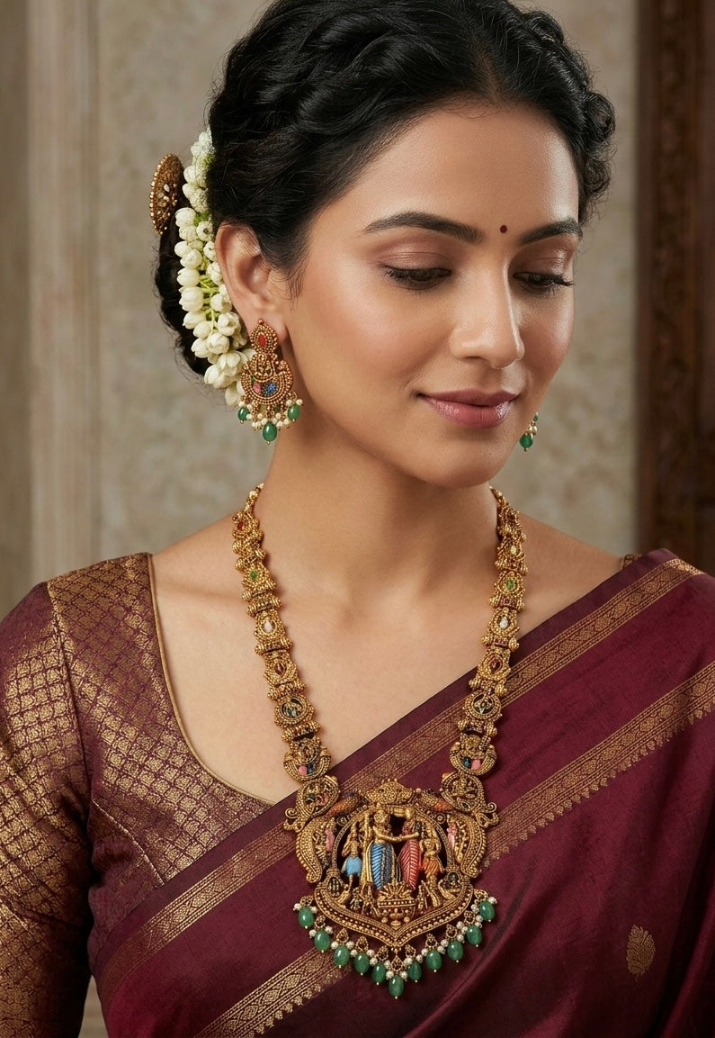 Srinivasa Kalyanam Tradition Haram with Hand-Painted Enamel and Emerald Green Beads