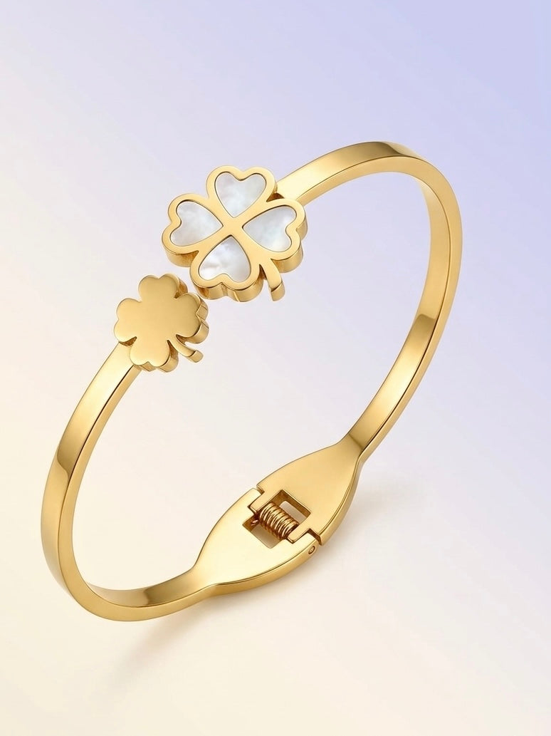 Eternal Luck 18K Gold-Plated Bangle with Shimmering Mother of Pearl Clover