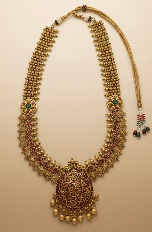 Antique Temple Heritage Haram: Majestic Peacock Padak & Intricate Coin Detailing